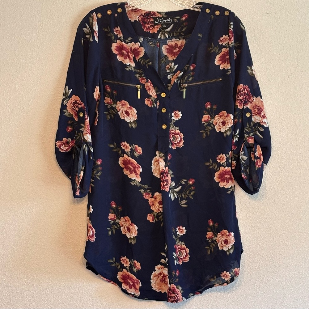 J for Justify Navy Floral Women’s Blouse with Gold Accents 3/4 Sleeve Size M